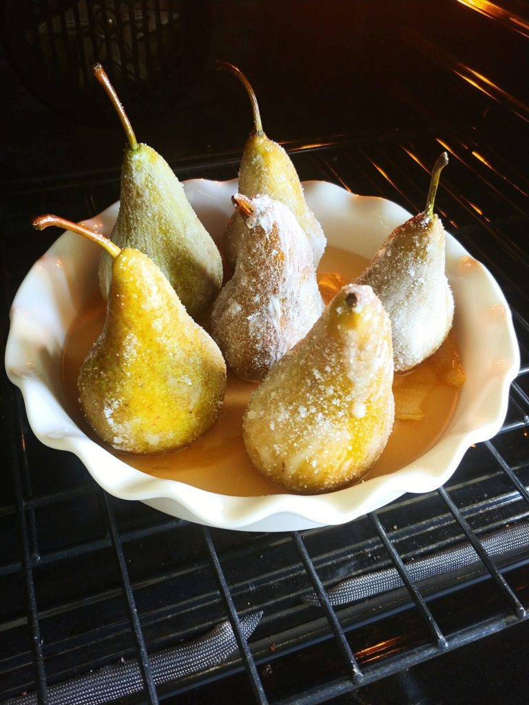 pears in baking dish on oven rack
