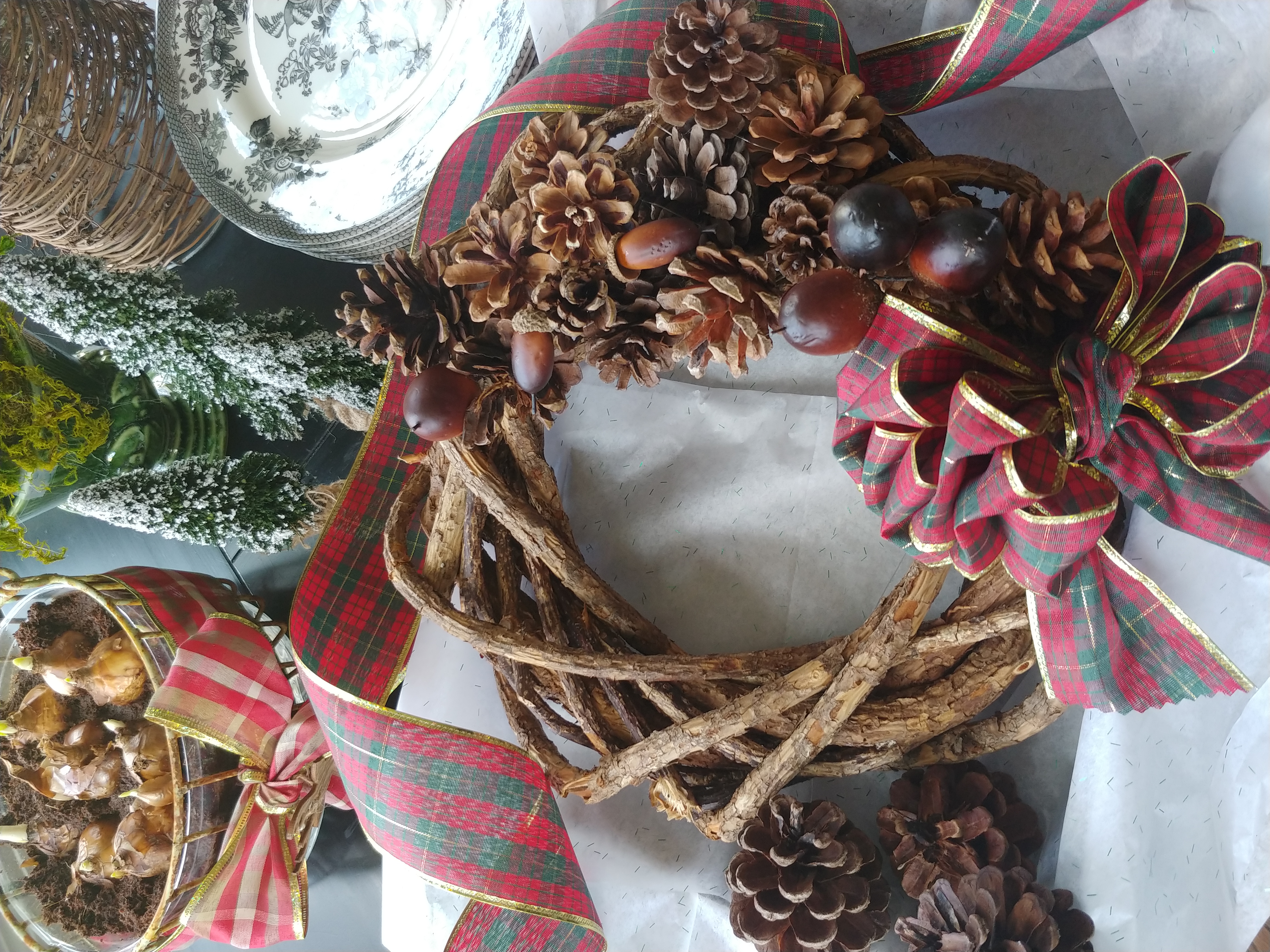 grapevine wreath with pinecones