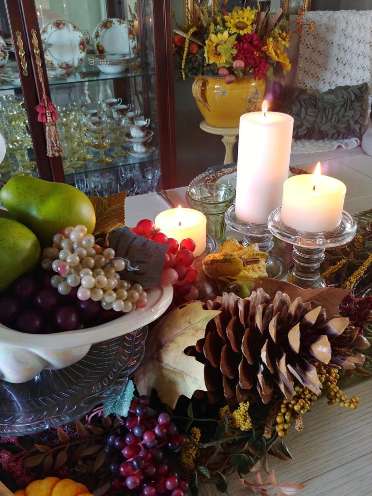 A bunch of food on a table, with Thanksgiving and Fruit