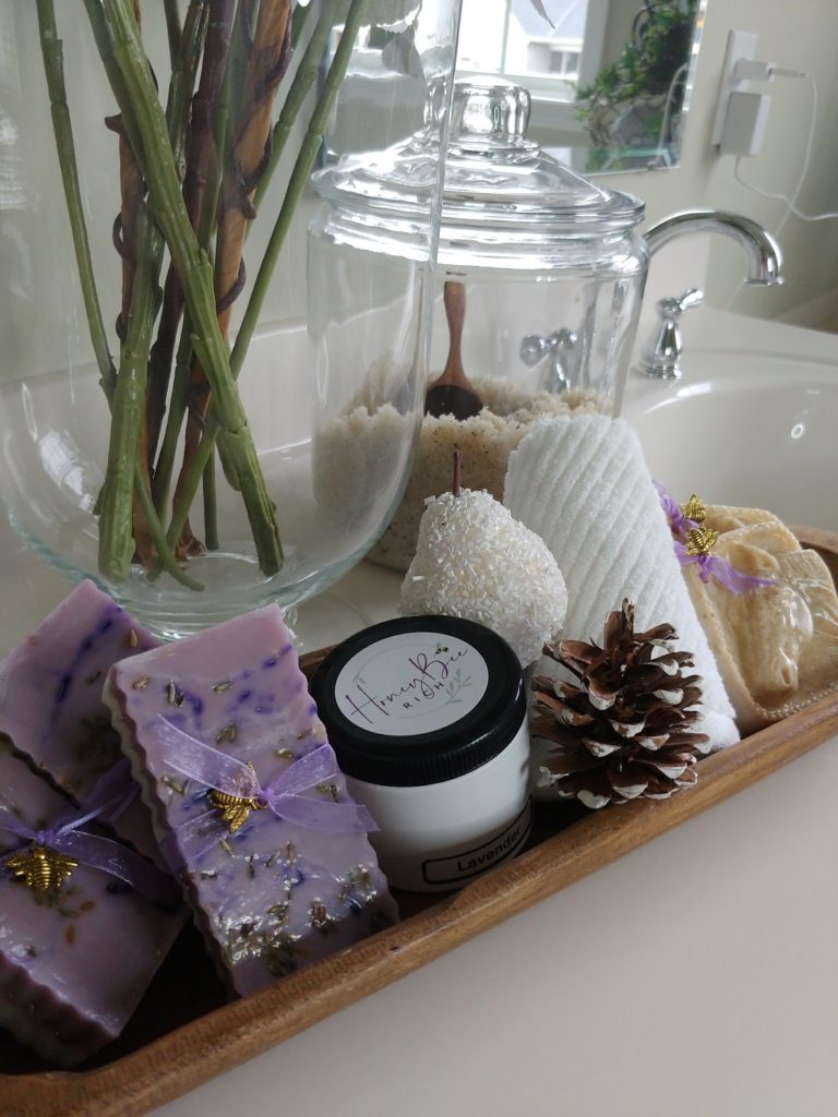 A tray of toiletries in a bathroom