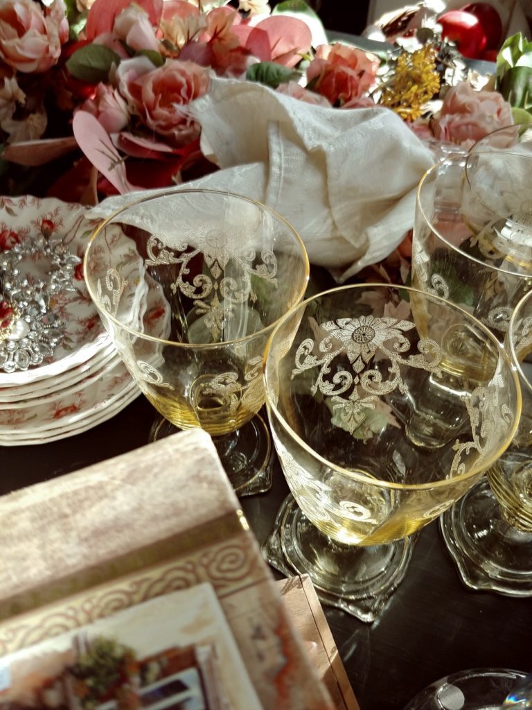etched vintage glassware on table