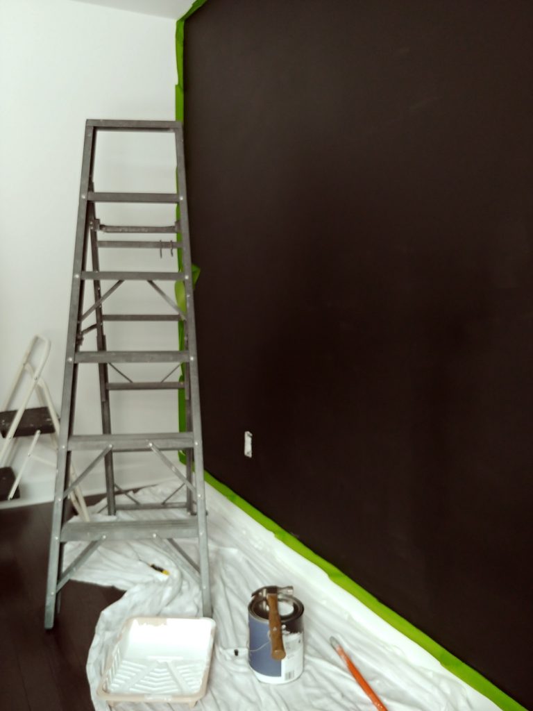 A ladder and black accent wall being painted