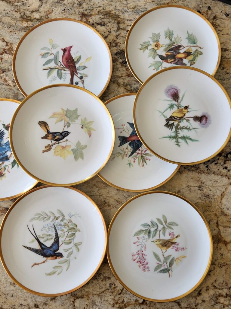 Several bird plates with birds on them sitting on the counter