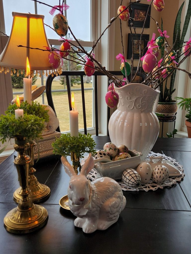 An Easter Egg tree in vase on a table