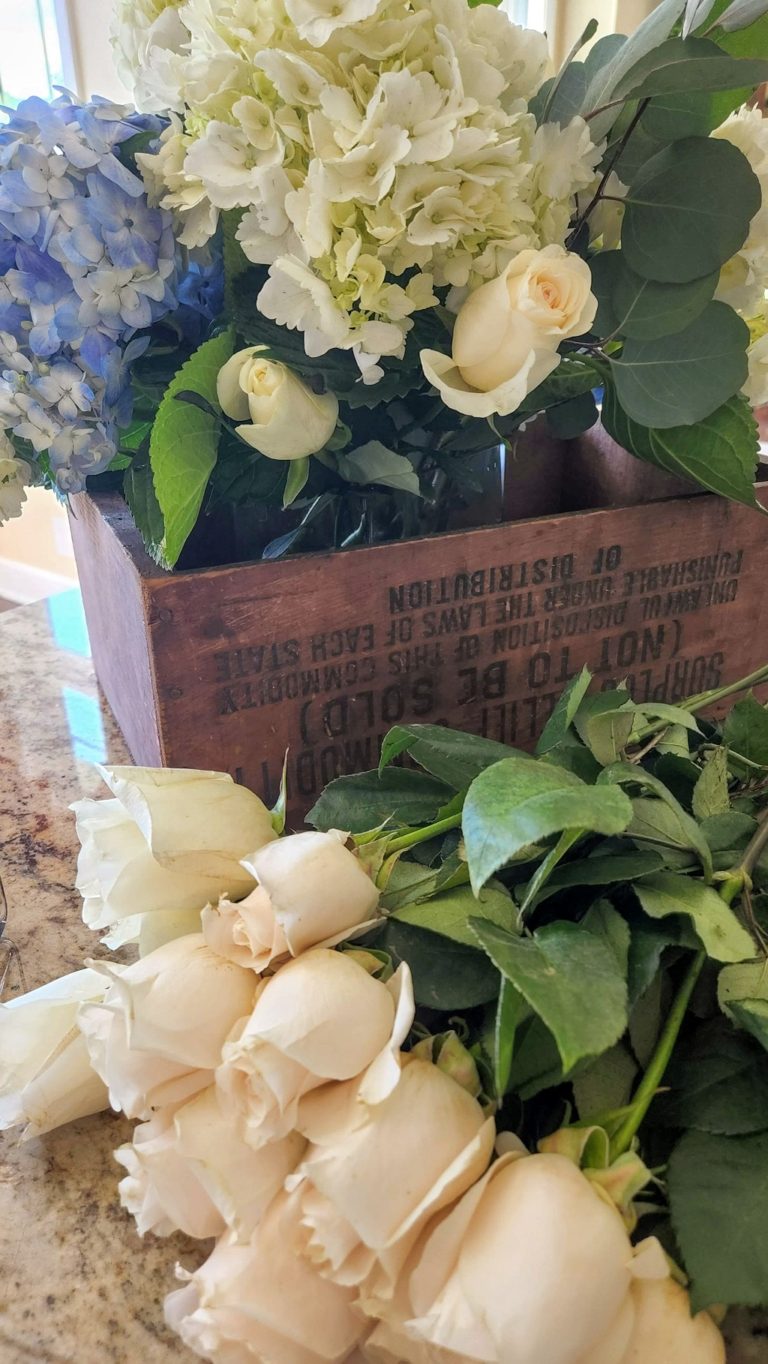 Blue Hydrangeas and white roses