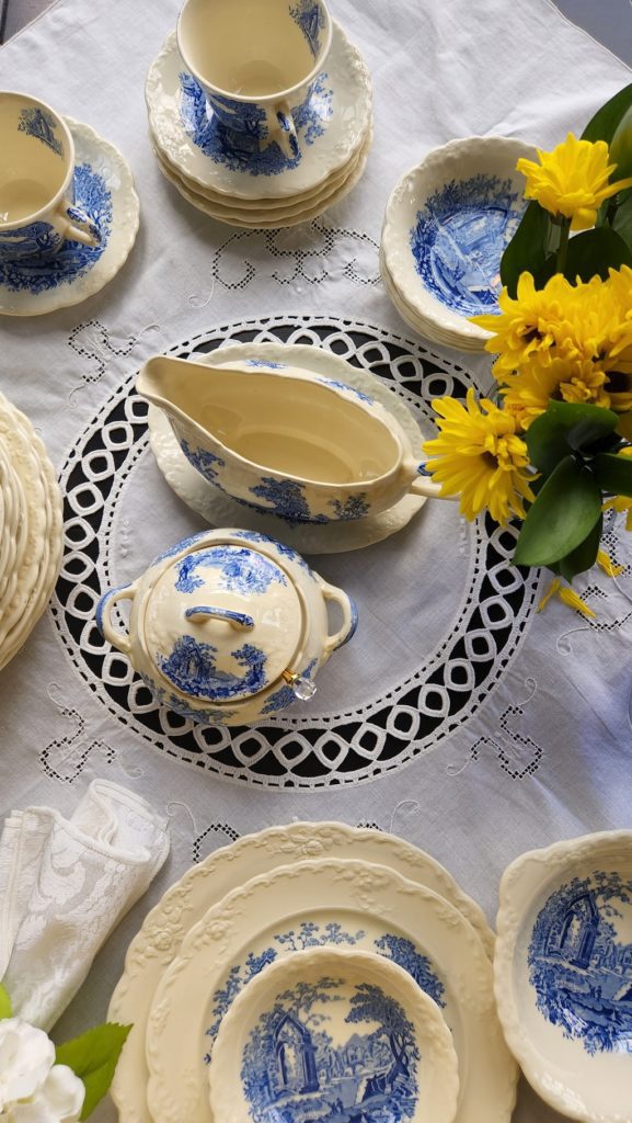overhead view of blue and white dishes