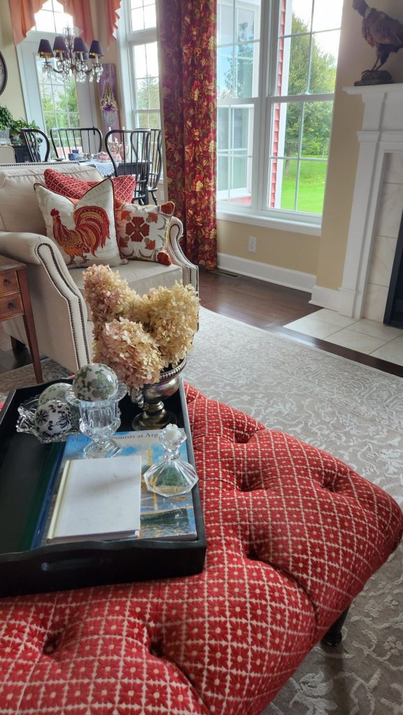 neutral rug in living room with red ottoman