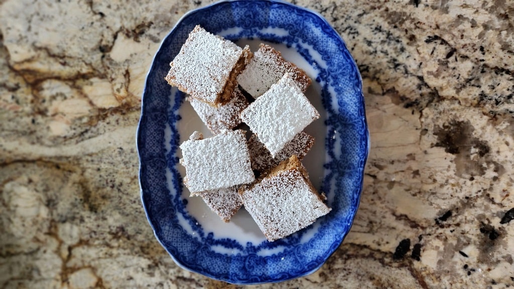 cappuccino dessert squares in blue dish