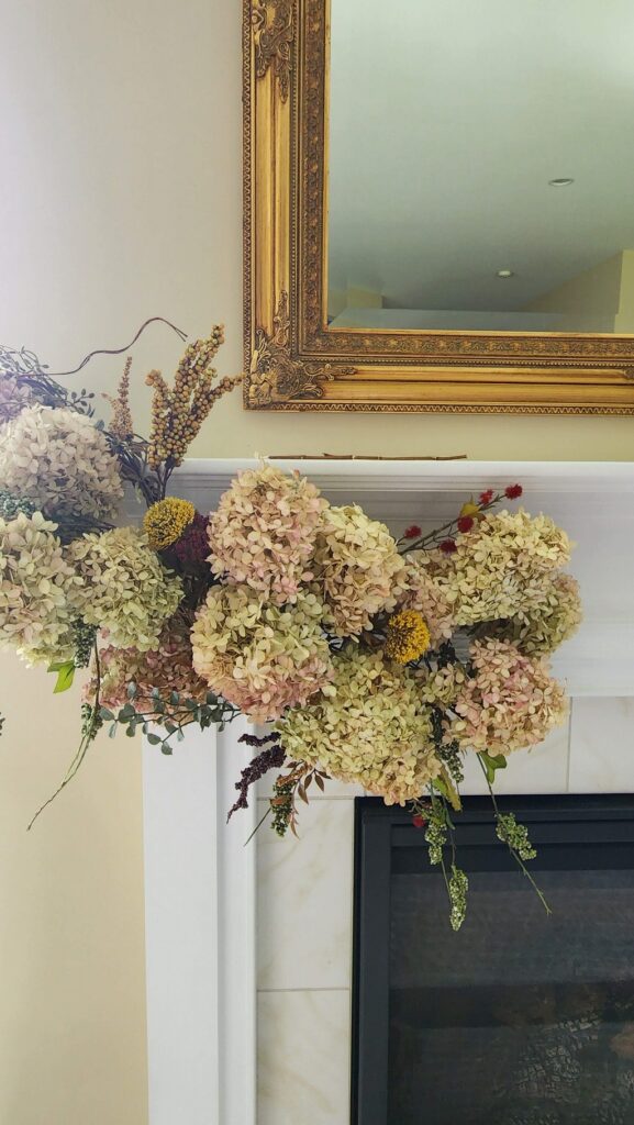 mantle with hydrangea swag attached