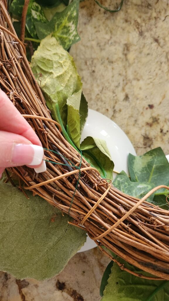 back of grapevine wreath with wire