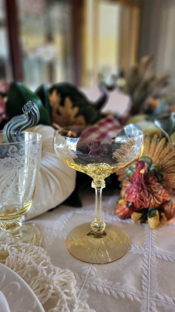 vintage gold depression glass goblet on table