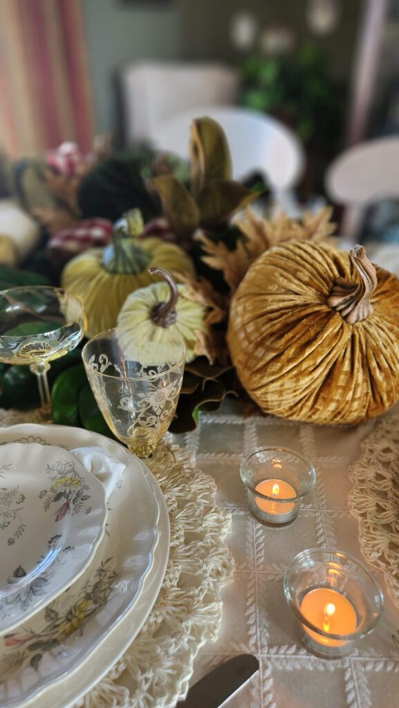 gold pumpkin with light green velvet pumpkin