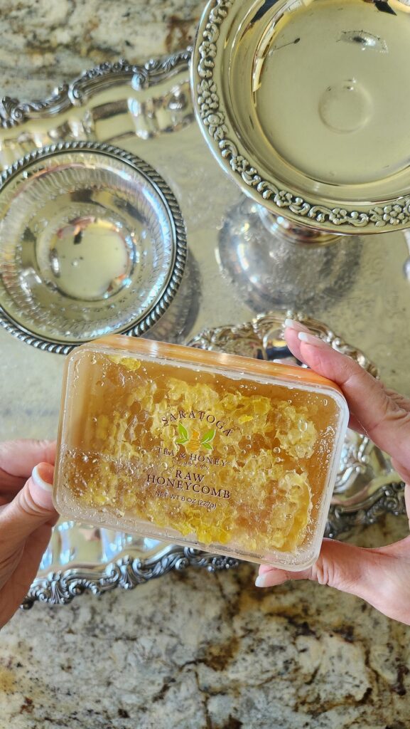 overhead view of honey with the honeycomb