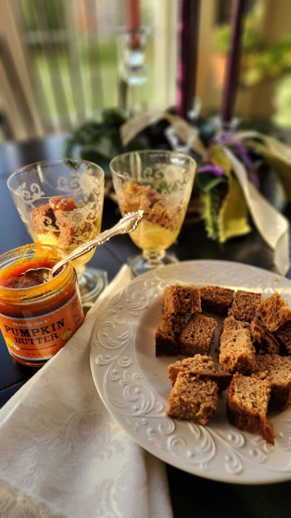 pumpkin bread cut in cubes with parfait glasses