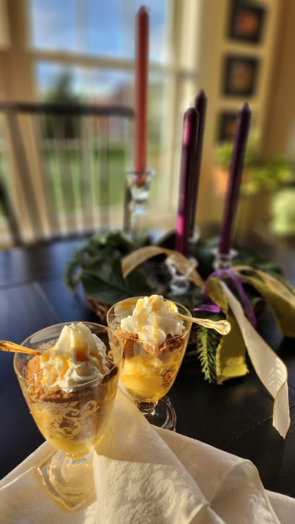 layered pumpkin trifle in vintage depression glass goblet