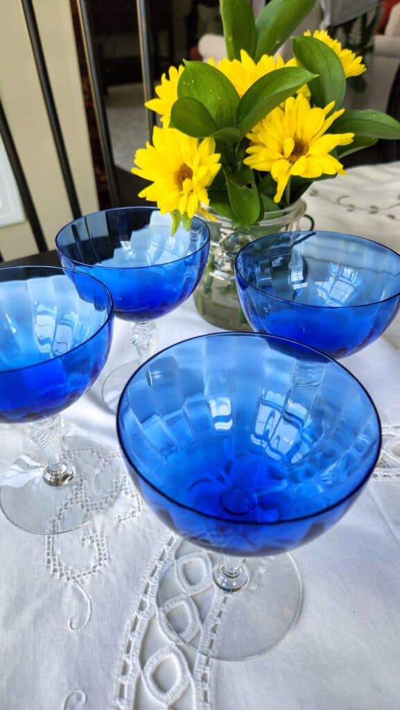cobalt blue vintage champagne glasses with clear stems