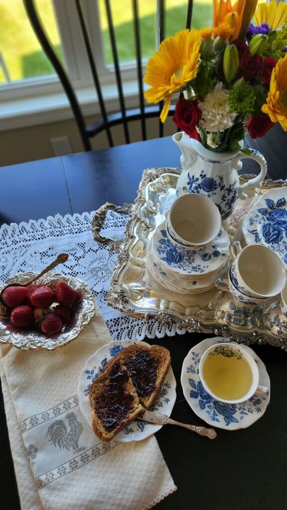 blue and white vintage dishes with toast and jam