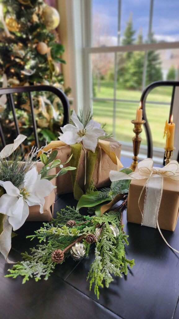 brown paper packages tied with velvet ribbon