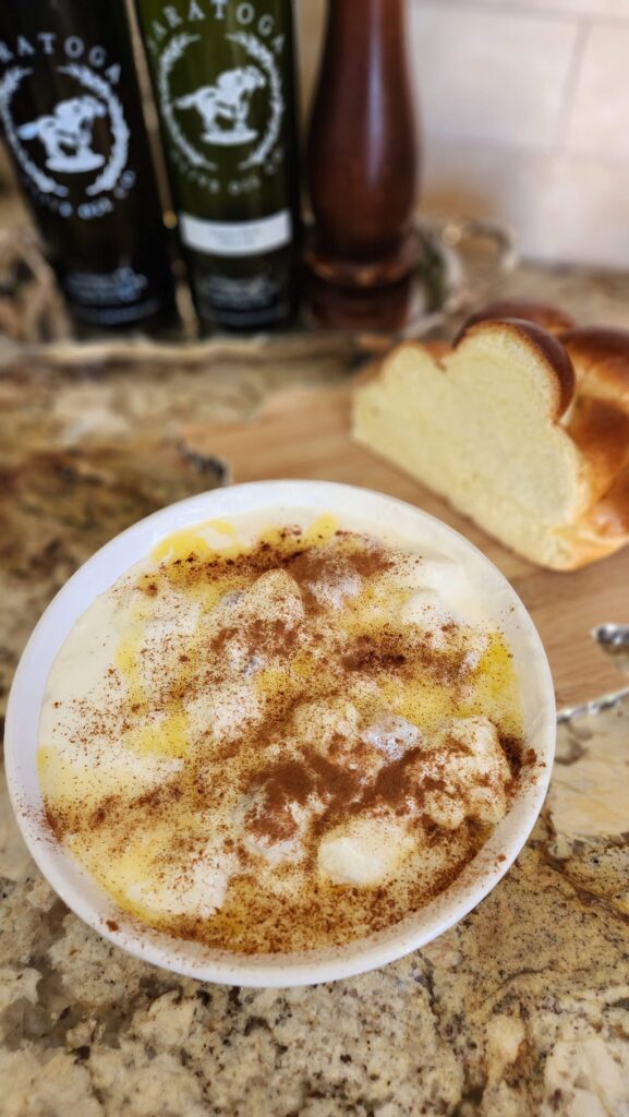 bread pudding in souffle dish ready to bake