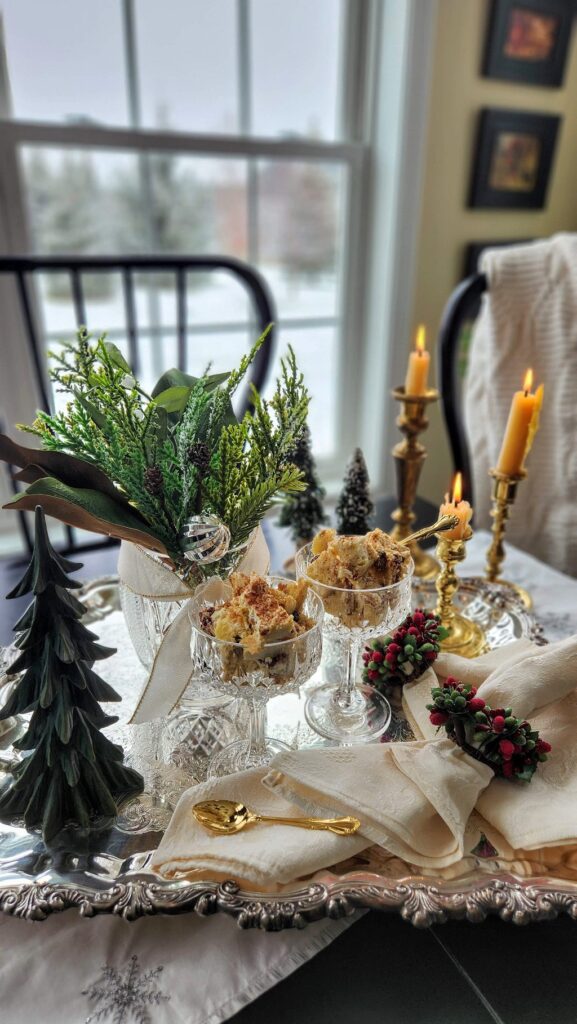 challah bread pudding ini cups with table of christmas decorations