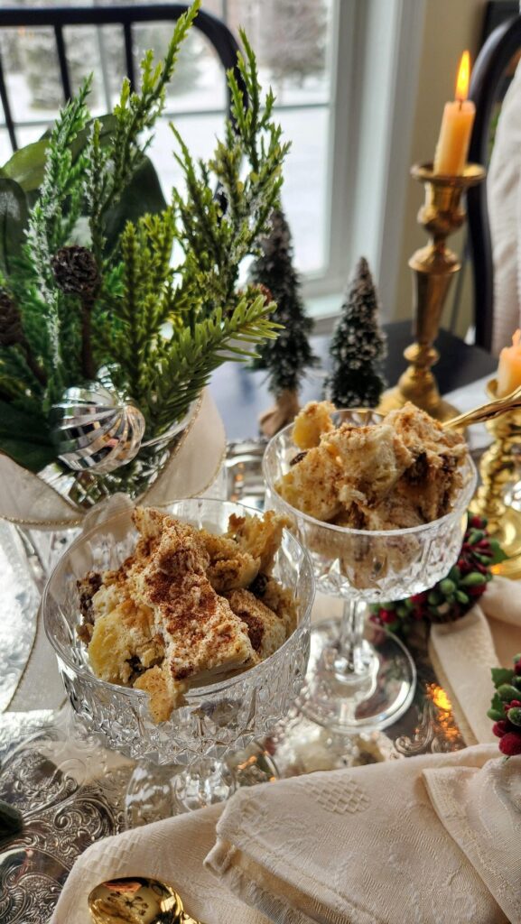 challah bread pudding in crystal cups on table