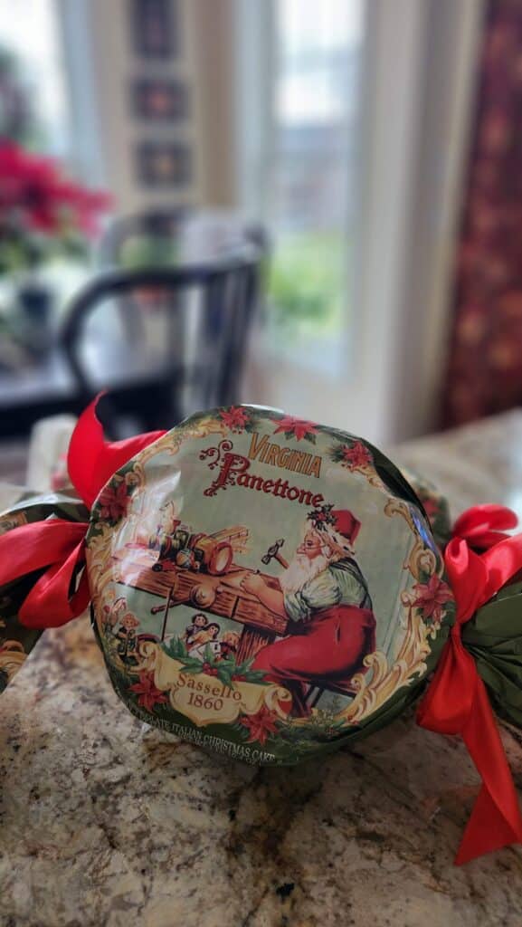 wrapped panettone on table