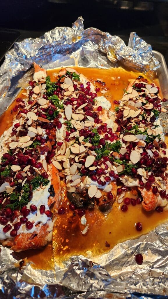 Festive Christmas Salmon with cranberries & pomegrantes on top