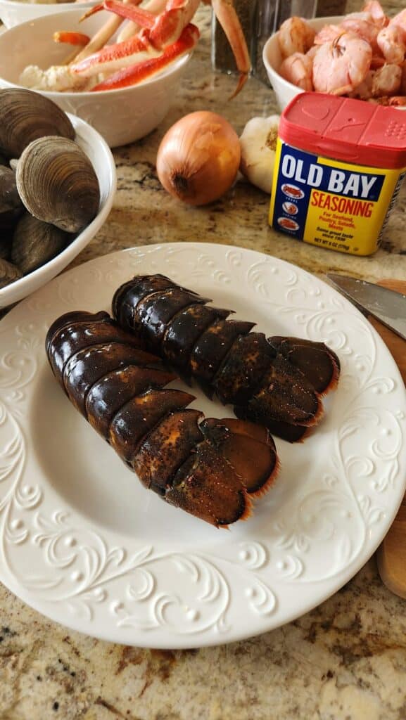 lobster tails ready to add to seafood boil