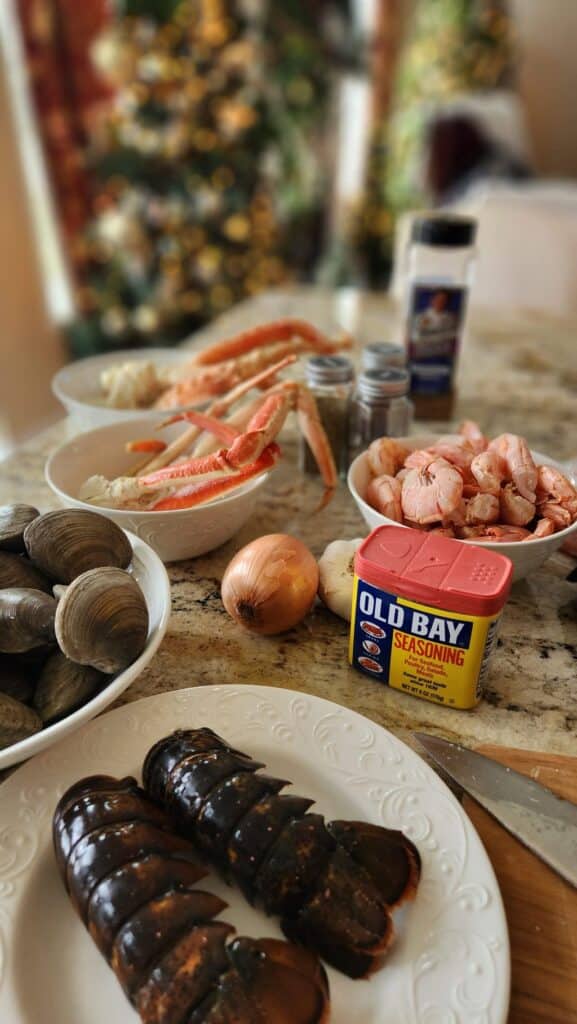 clams, shrimp, lobster tails and crab legs ready to make a seafood boil