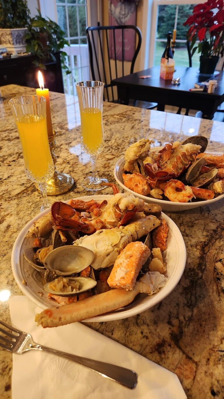 seafood boil in two dishes on countertop