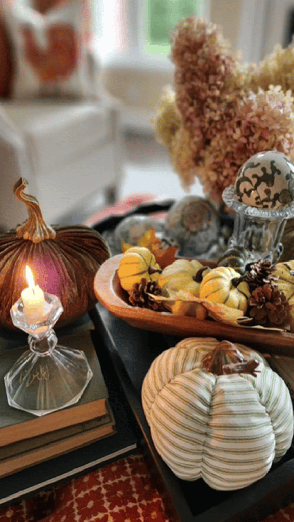 dough bowl with small pumpkins in it for autumn