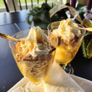 pumpkin trifle in two vintage amber glasses