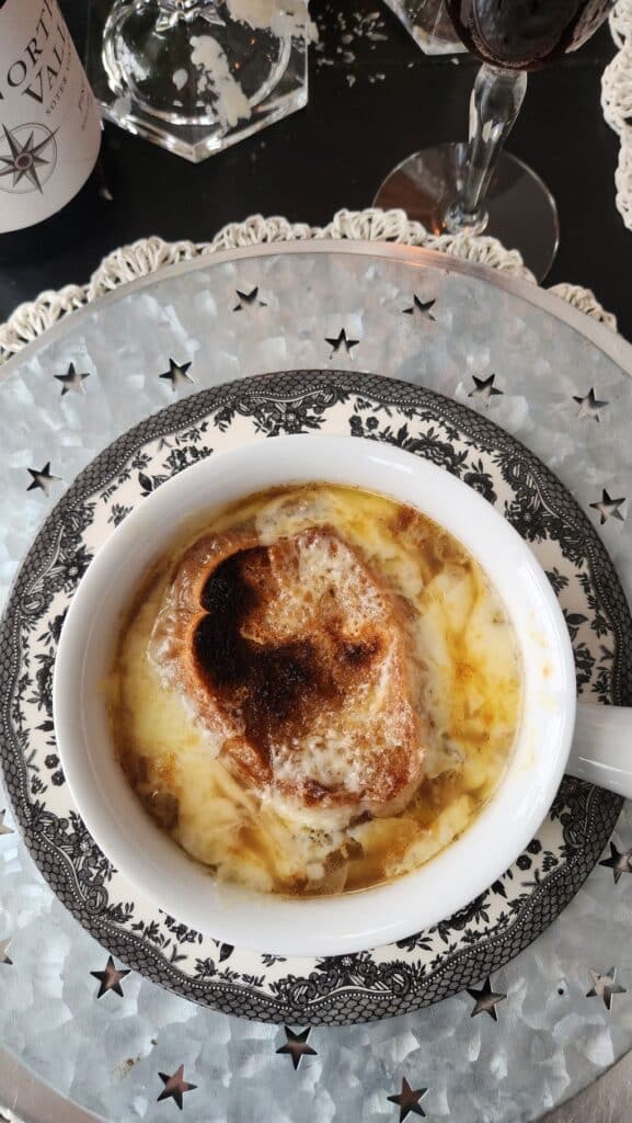 bowl of french onion soup on table