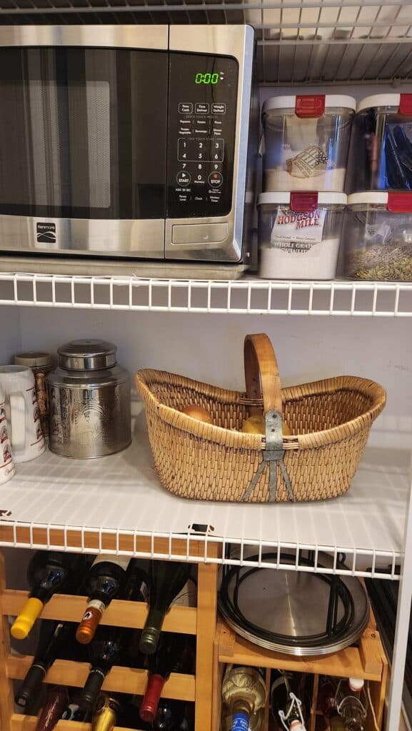 wicker garden basket on shelf in pantry