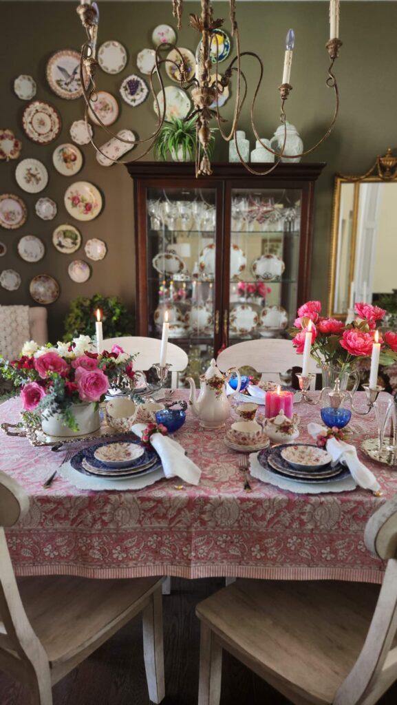 spring table decor using pink and blue