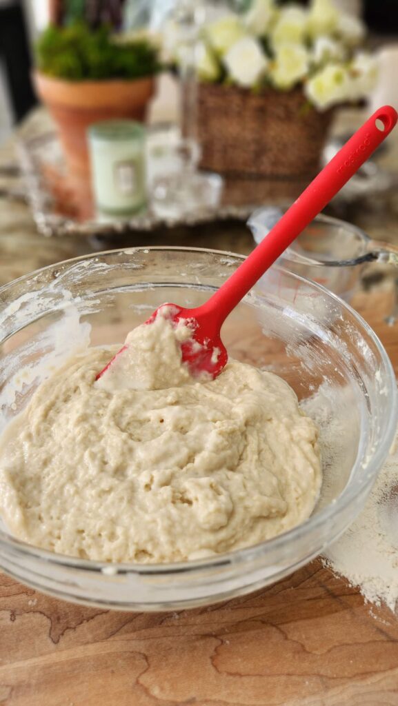 scone dough mixed in a glass bowl