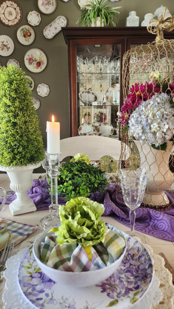 purple and green easter tablescape