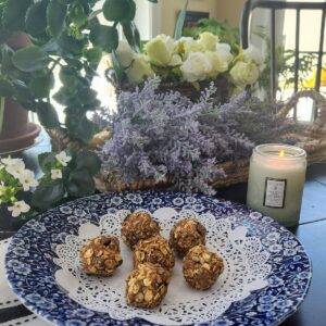 energy balls on vintage blue and white dish