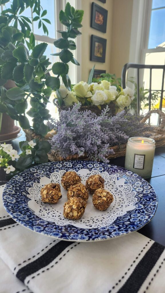 energy balls on vintage blue and white dish