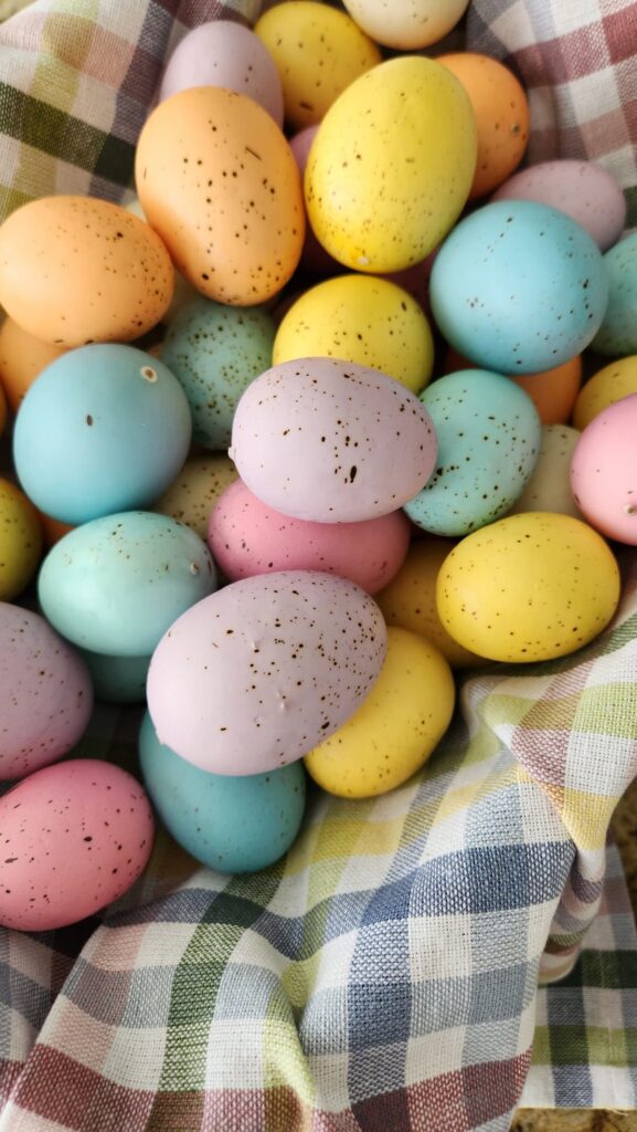 basket of colorful speckled eggs