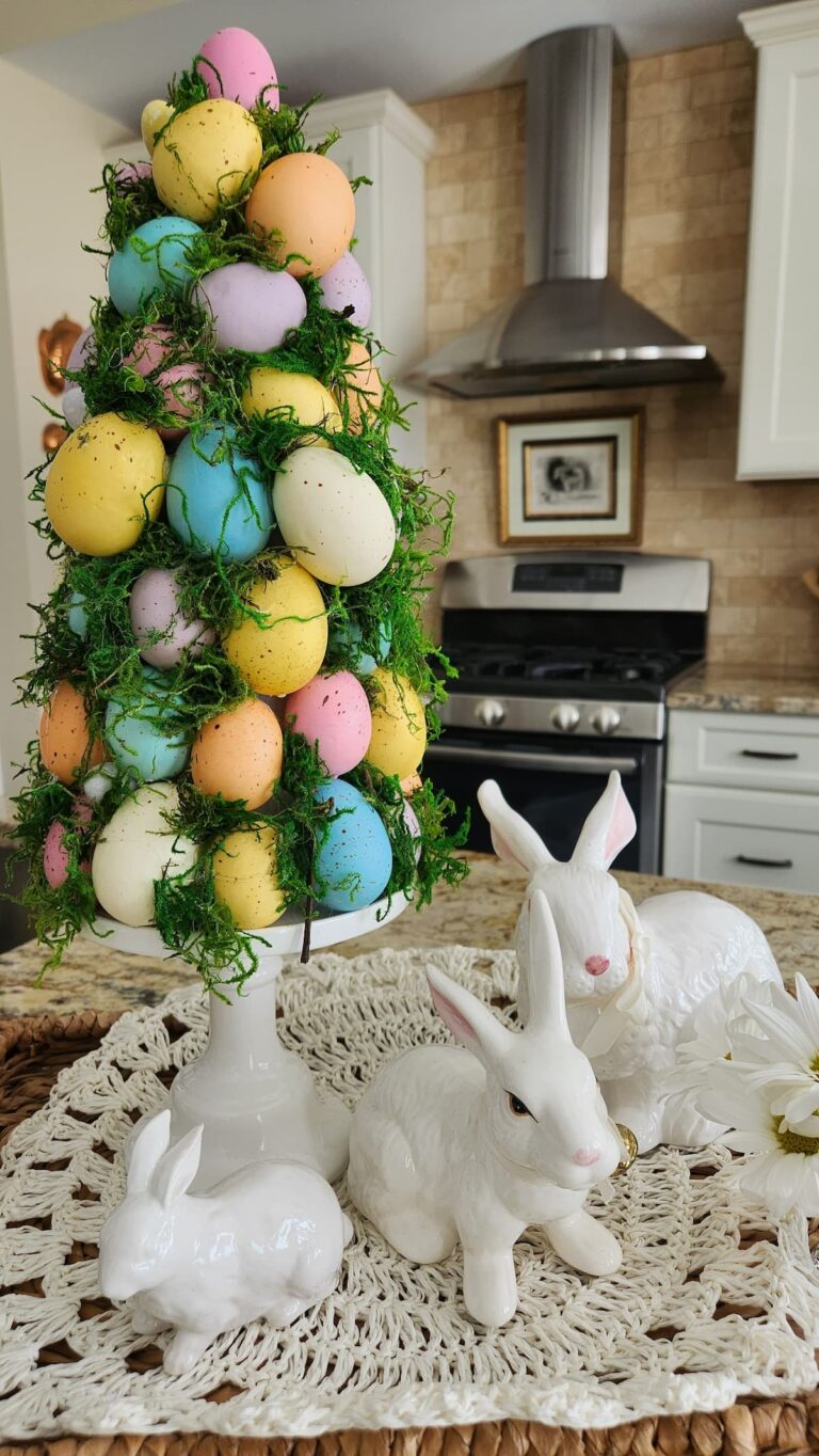 easter egg topiary tree on counter top