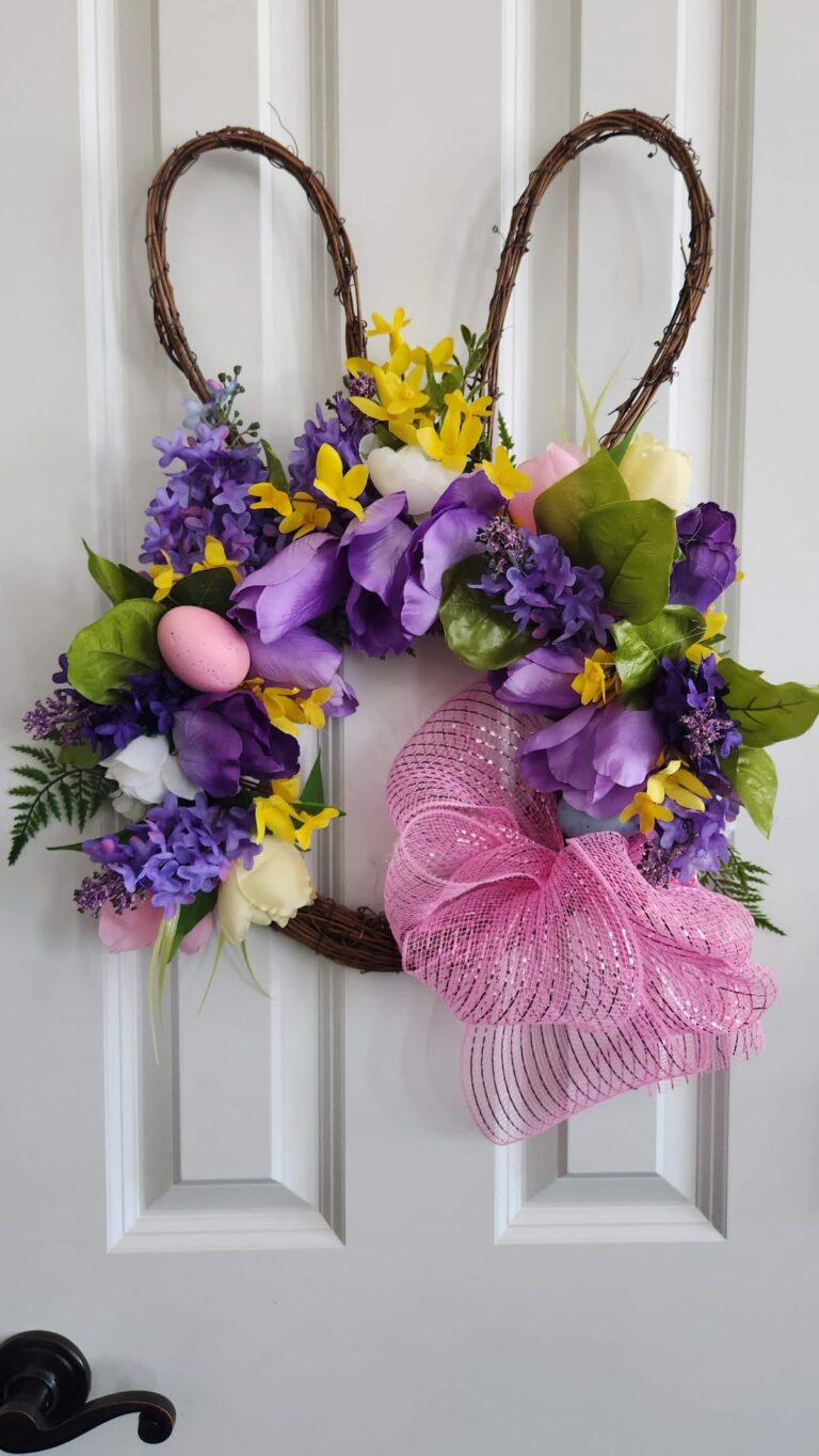 bunny wreath hanging on door