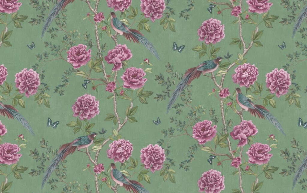 green chinoiserie wallpaper sample 