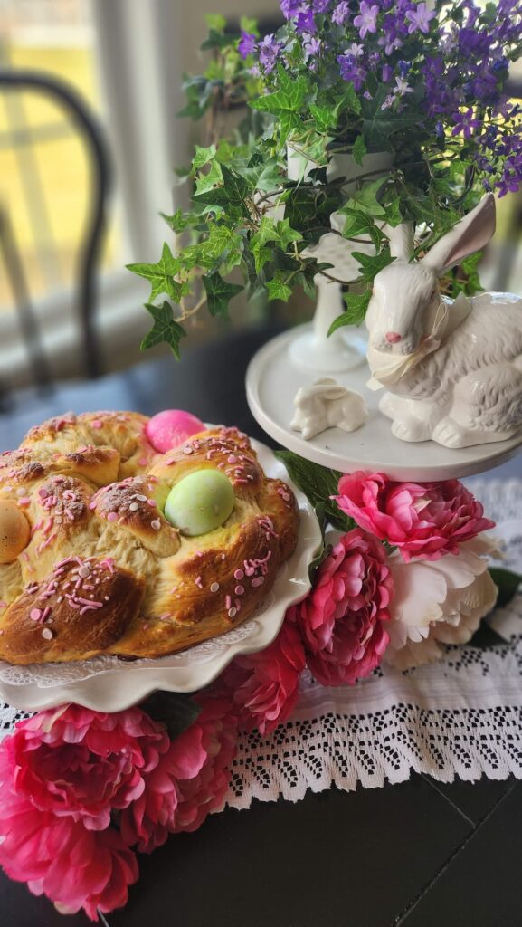 best easter bread overhead view with white ceramic bunny on table