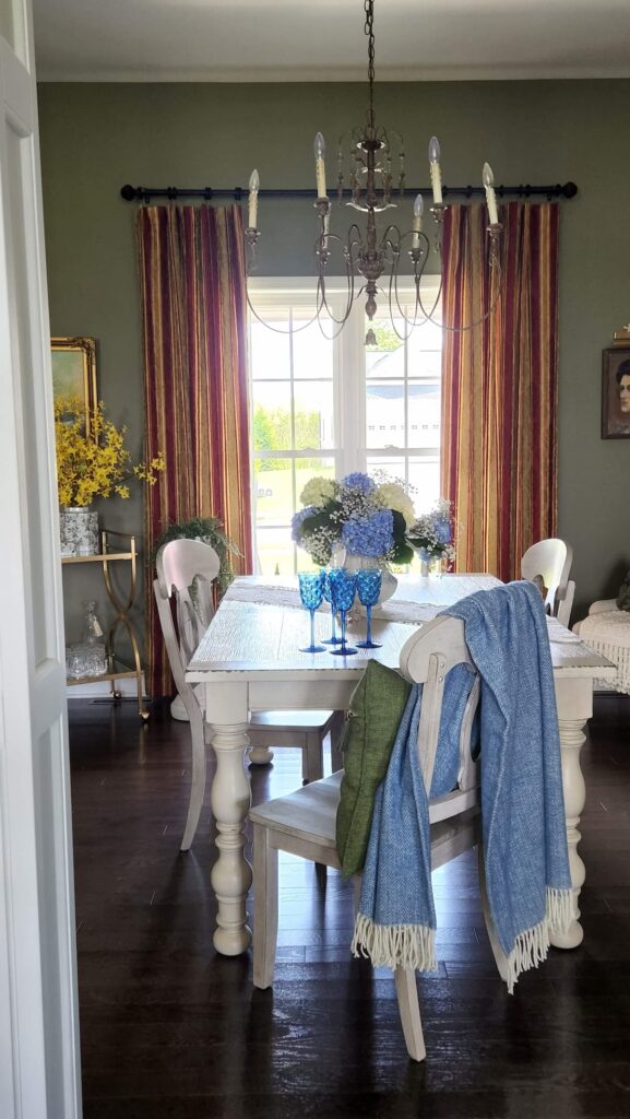 blue centerpiece on dining room table