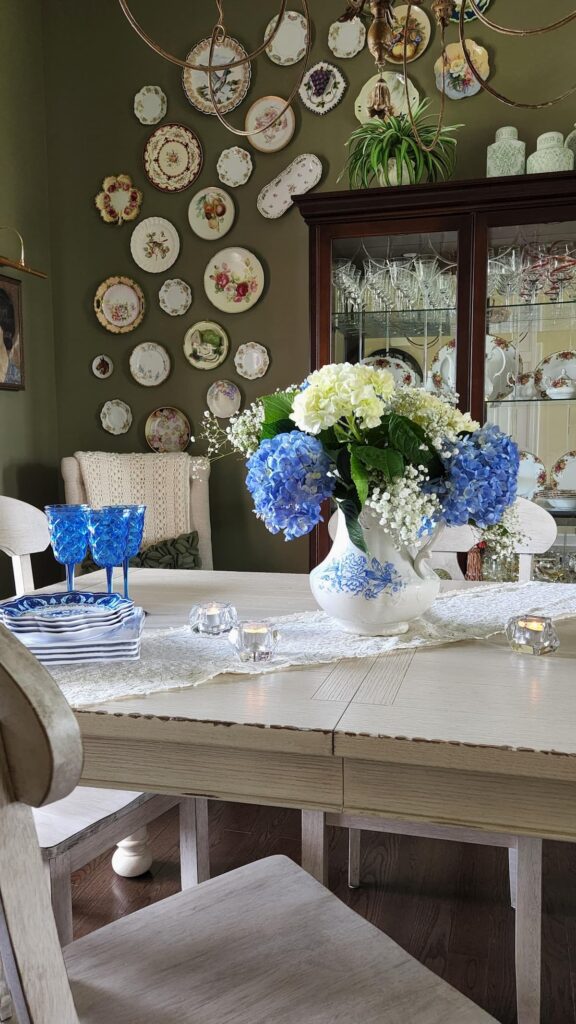 blue and white hydrangea on dining room table