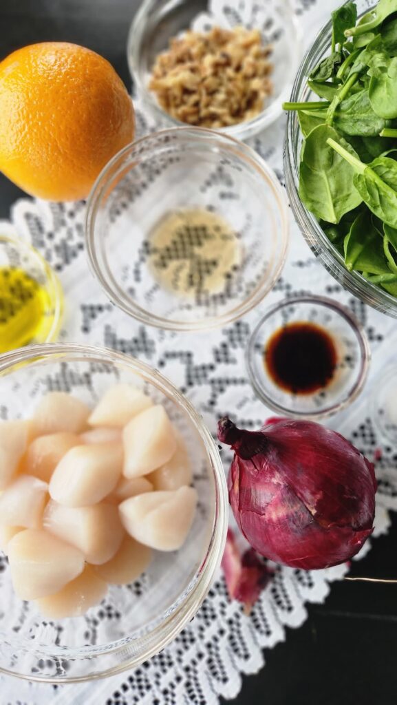 overhead of scallop salad ingredients