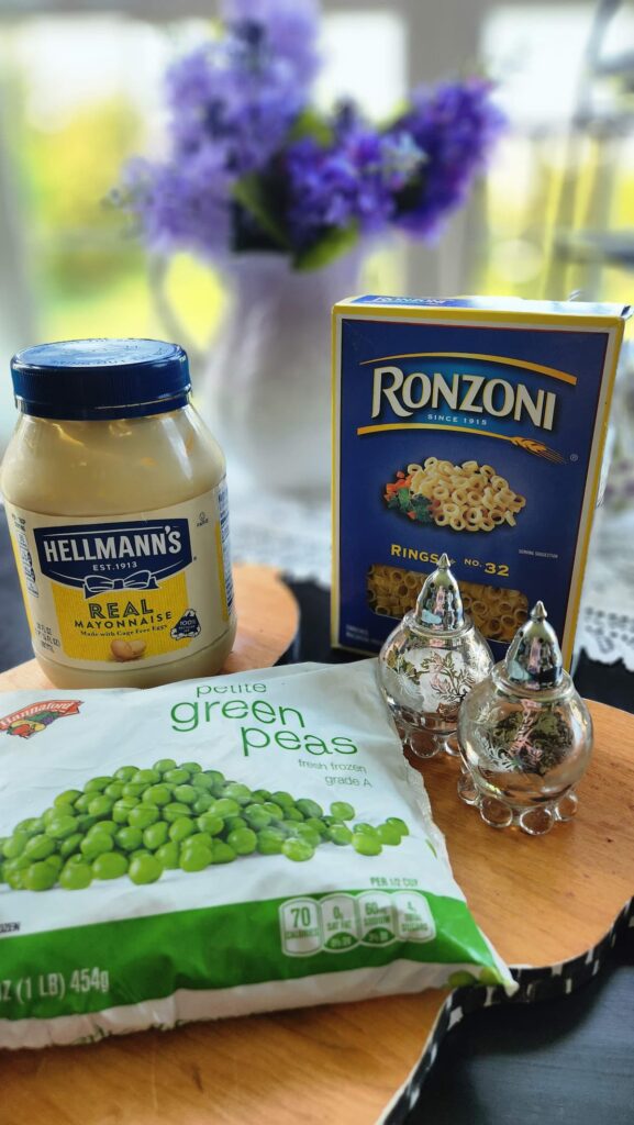 pasta and pea ingredients on kitchen table