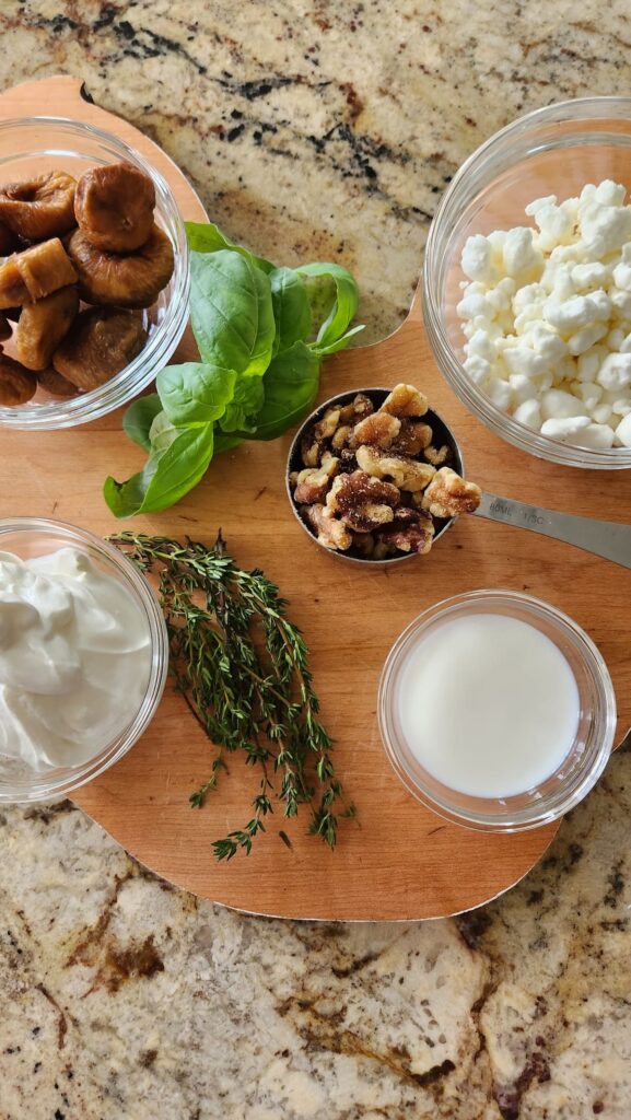 overhead view of ingredieint for goat cheese and fig appetizer