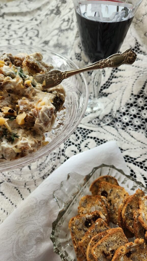 goat cheese and fig appetizer overhead in vintage dish with lace tablecloth